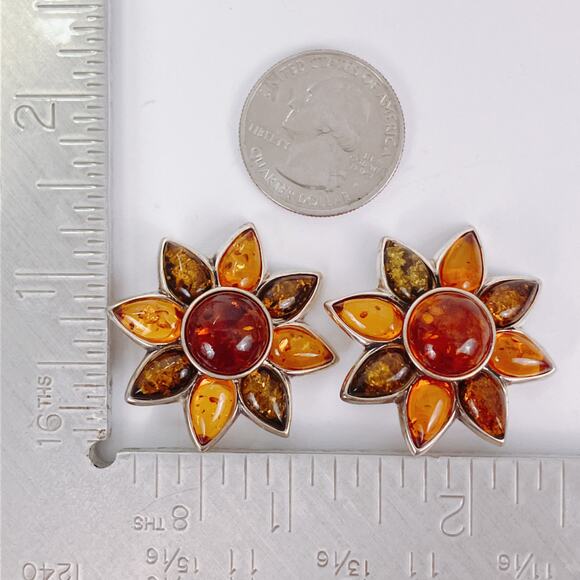Genuine Baltic Amber Sterling Silver Clip On Sunflower Earrings Poland Vintage - Picture 10 of 16